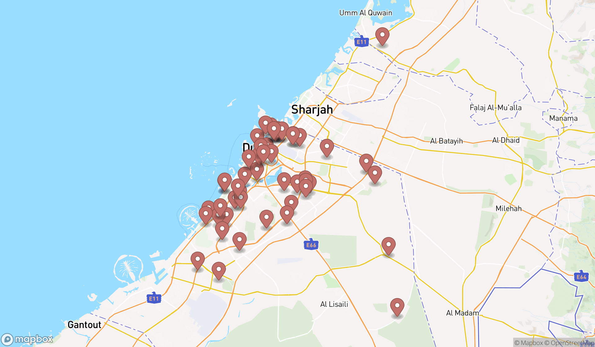 Map showing the search results in Dubai