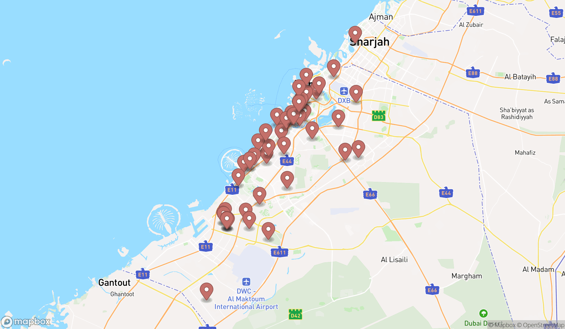 Map showing the search results in Dubai