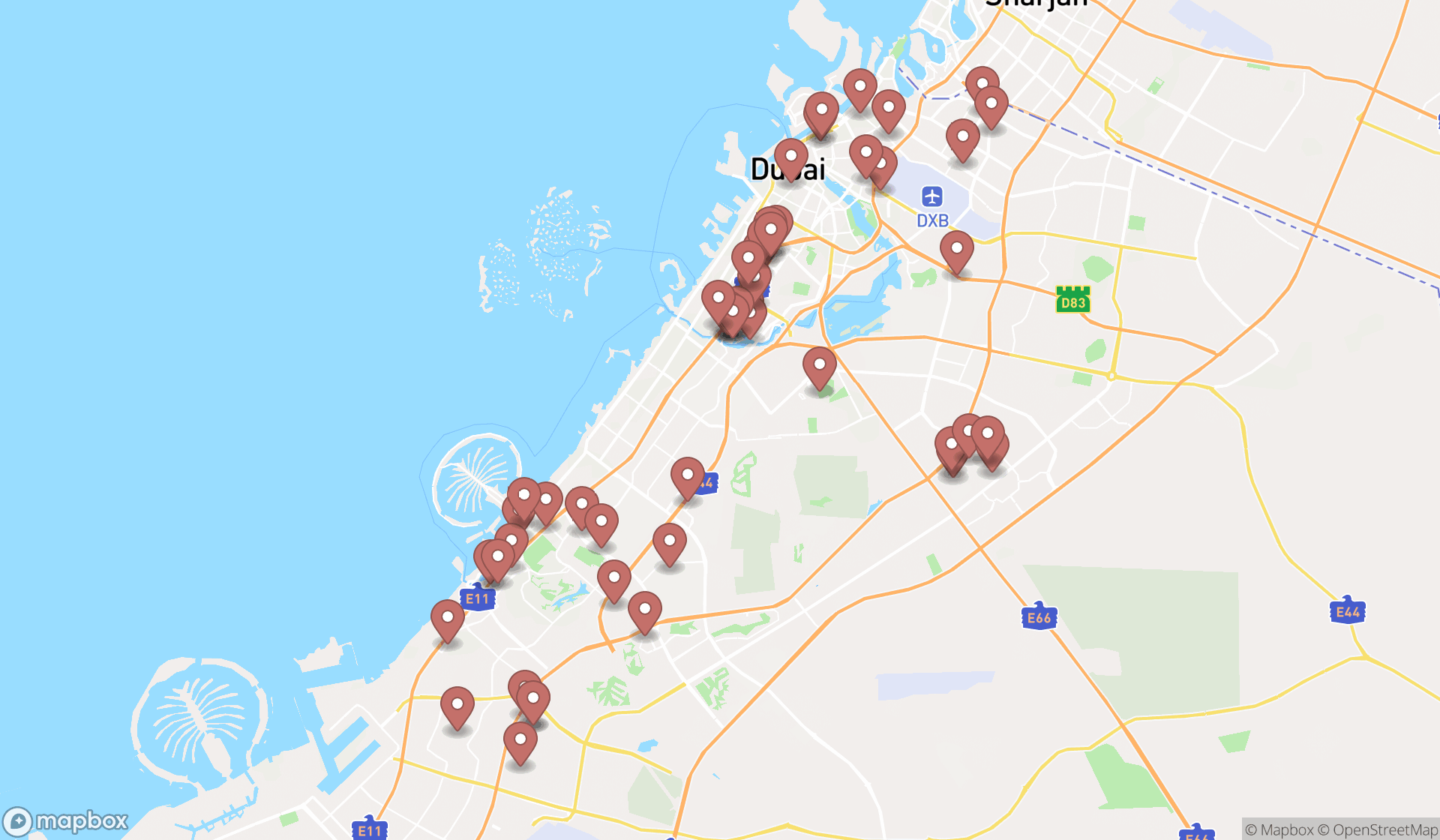 Map showing the search results in Dubai