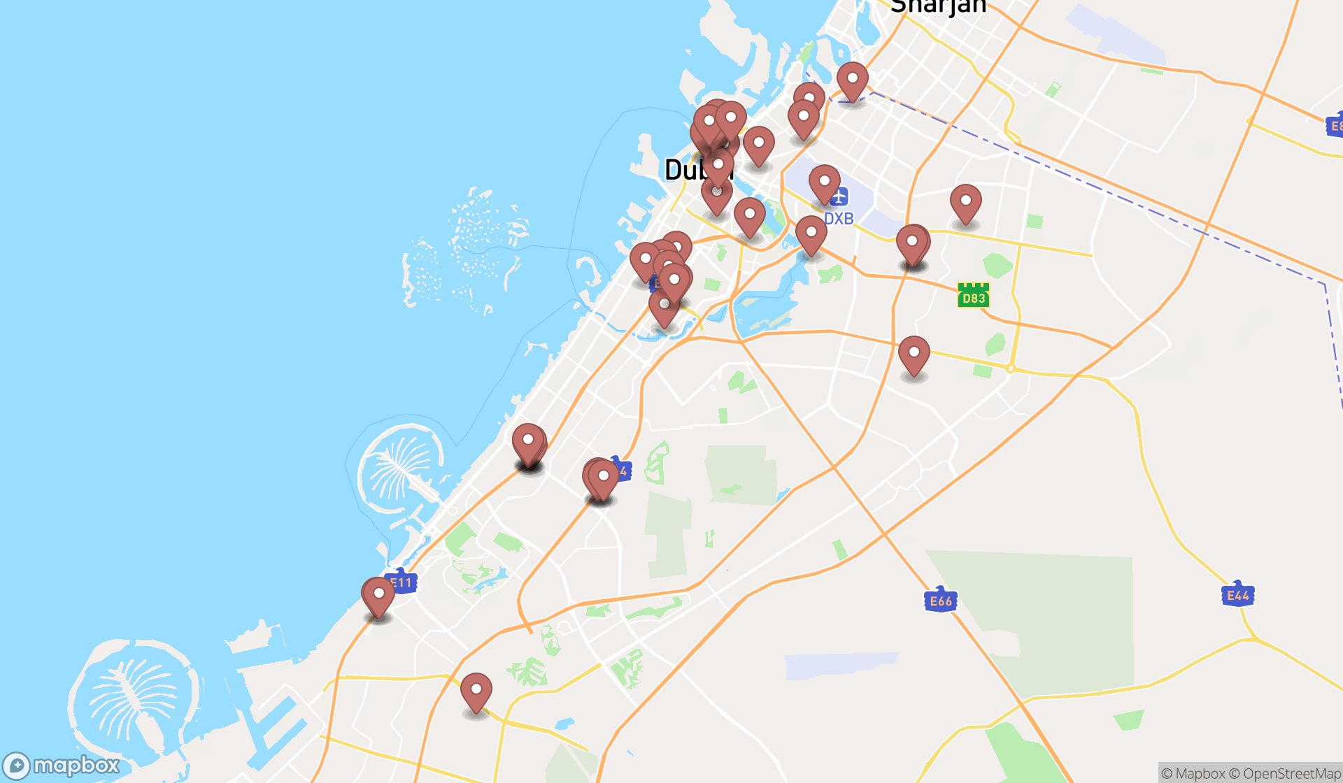 Map showing the search results in Dubai