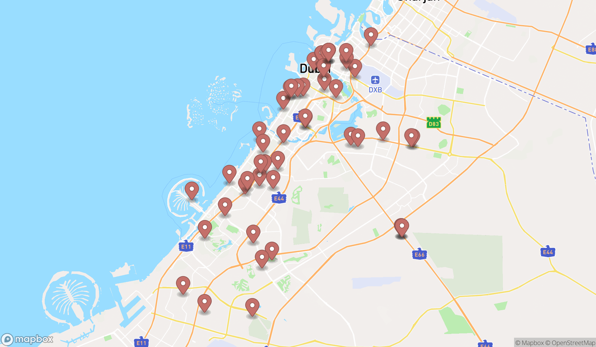 Map showing the search results in Dubai