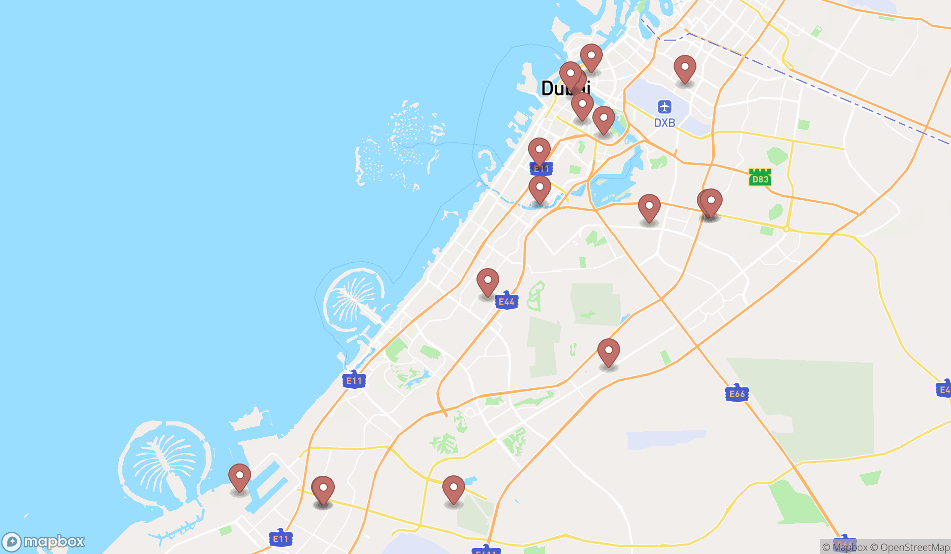 Map showing the search results in Dubai