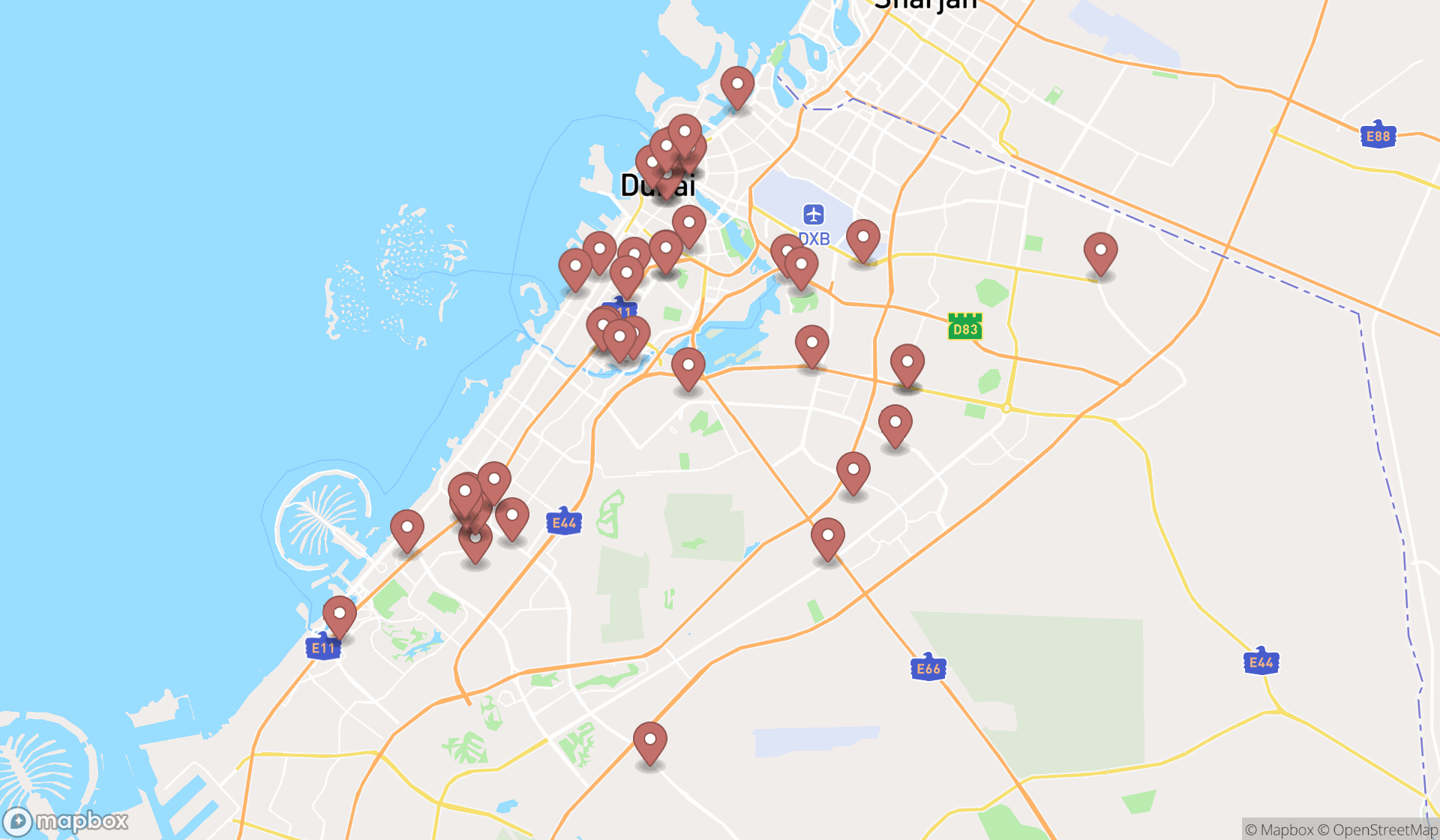 Map showing the search results in Dubai