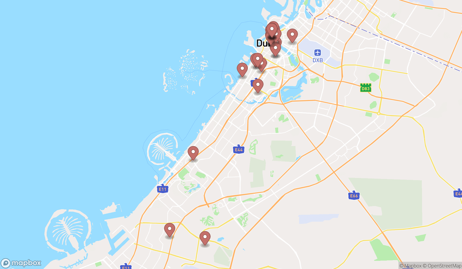 Map showing the search results in Dubai