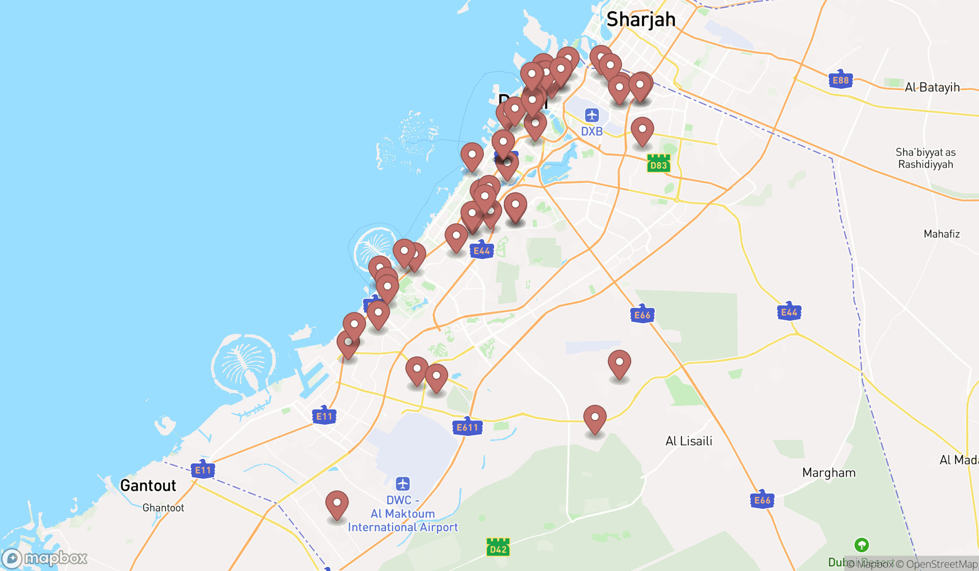 Map showing the search results in Dubai