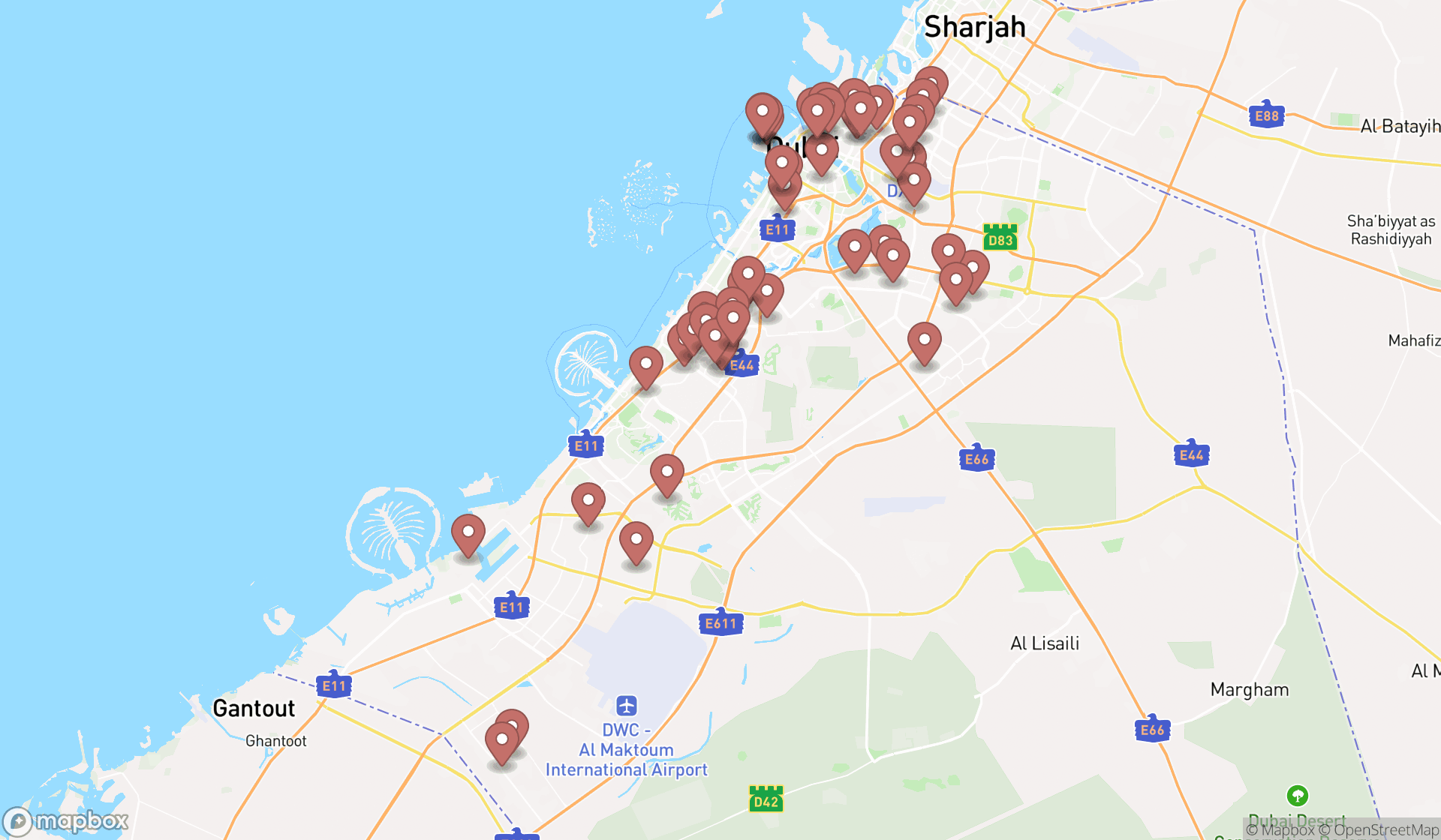 Map showing the search results in Dubai