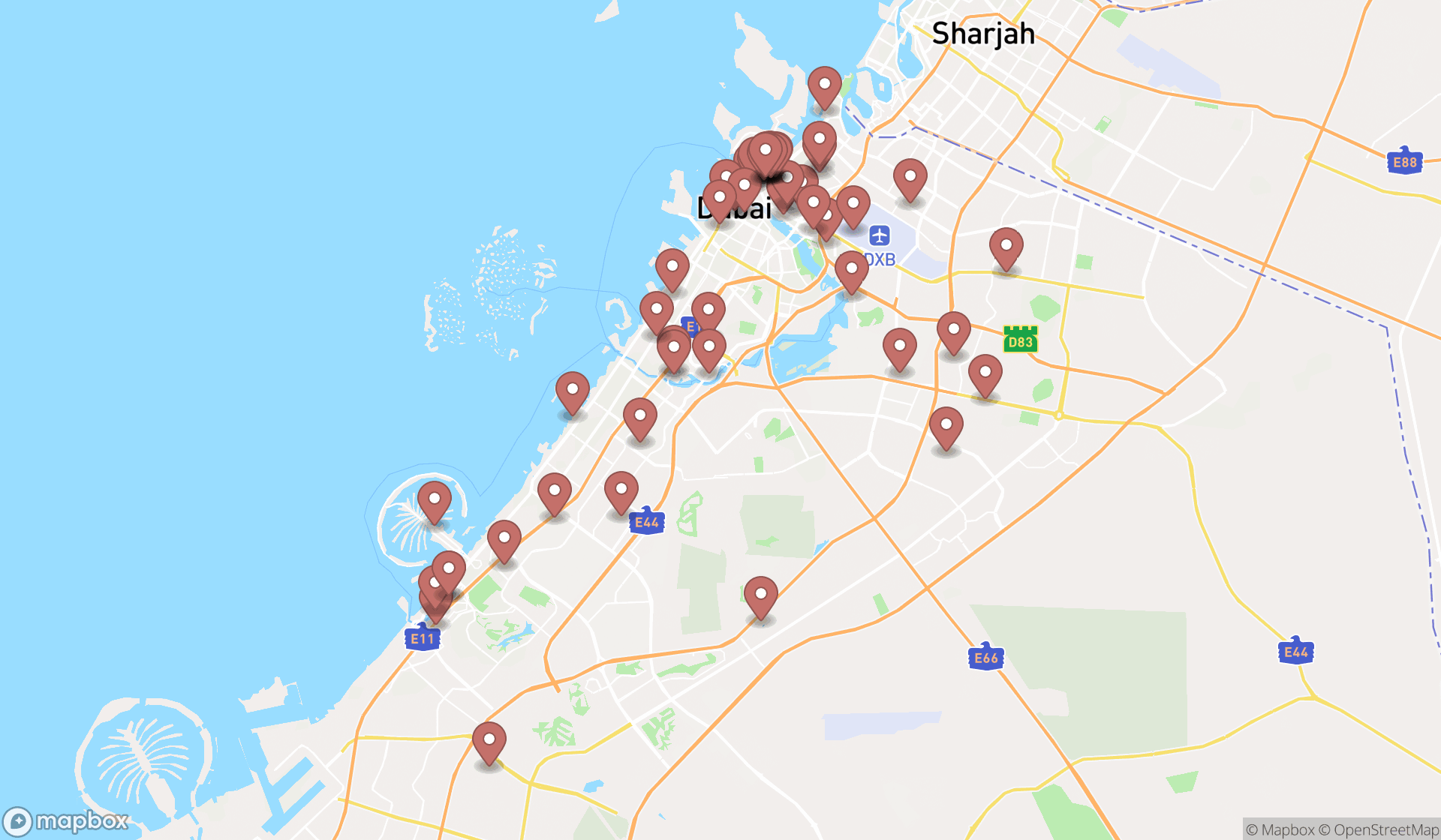 Map showing the search results in Dubai