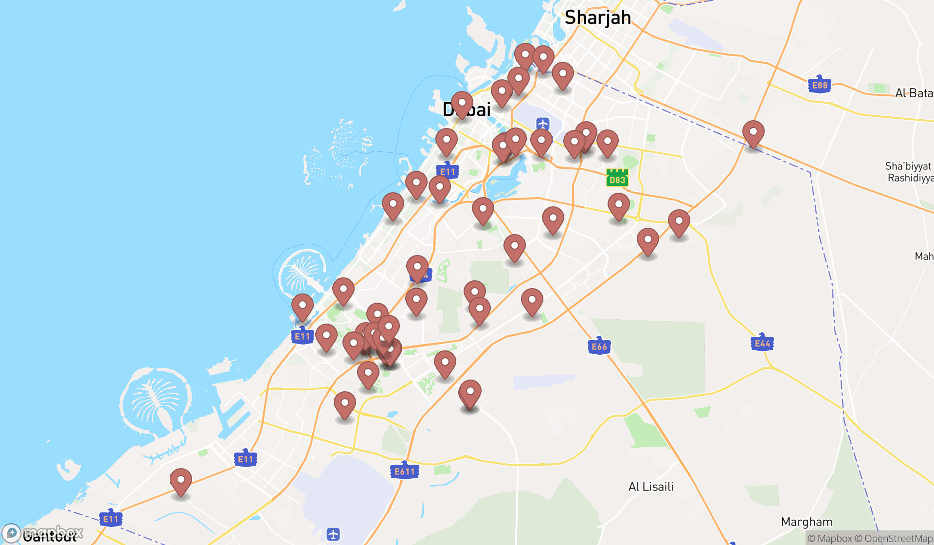 Map showing the search results in Dubai