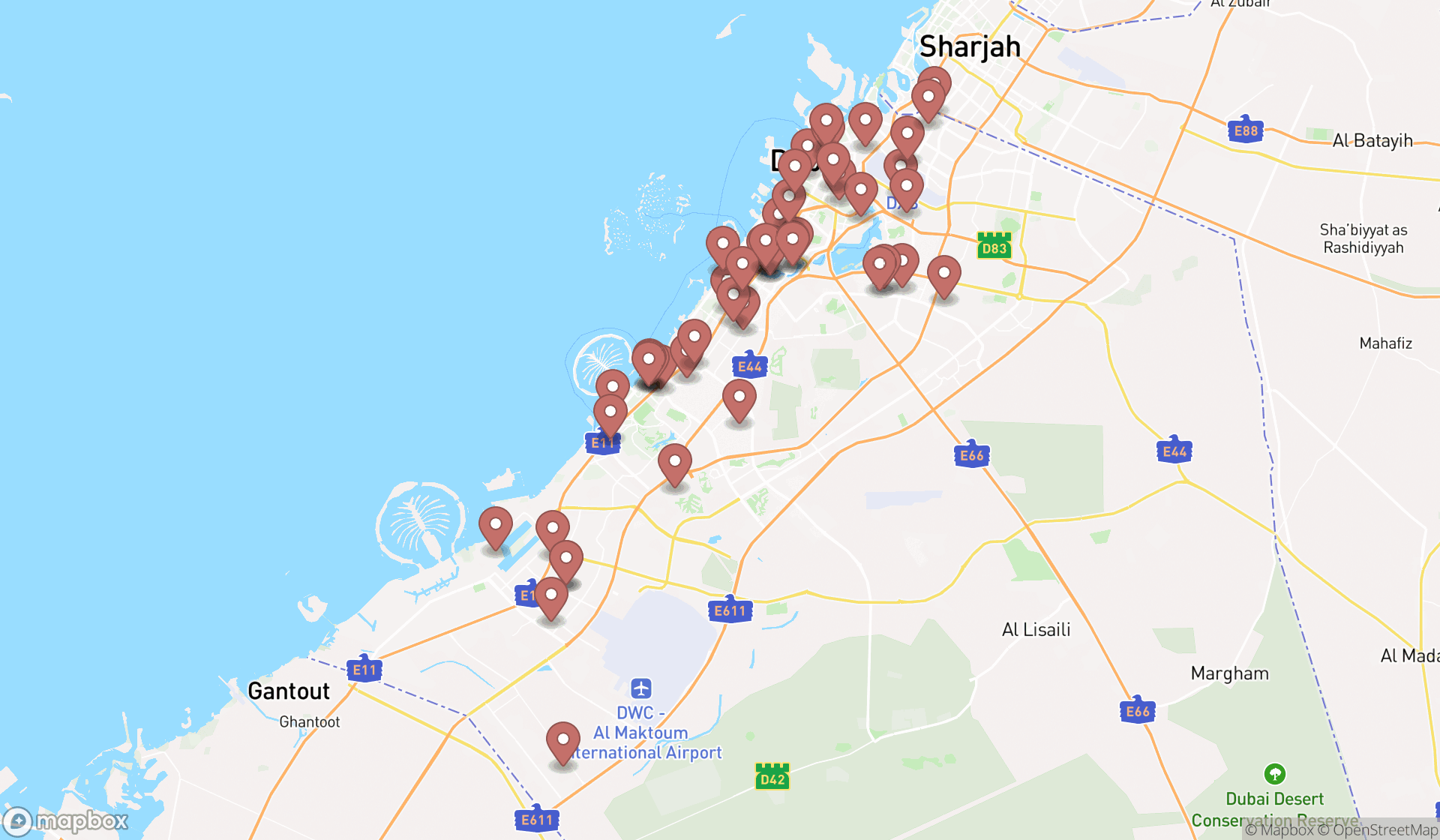Map showing the search results in Dubai