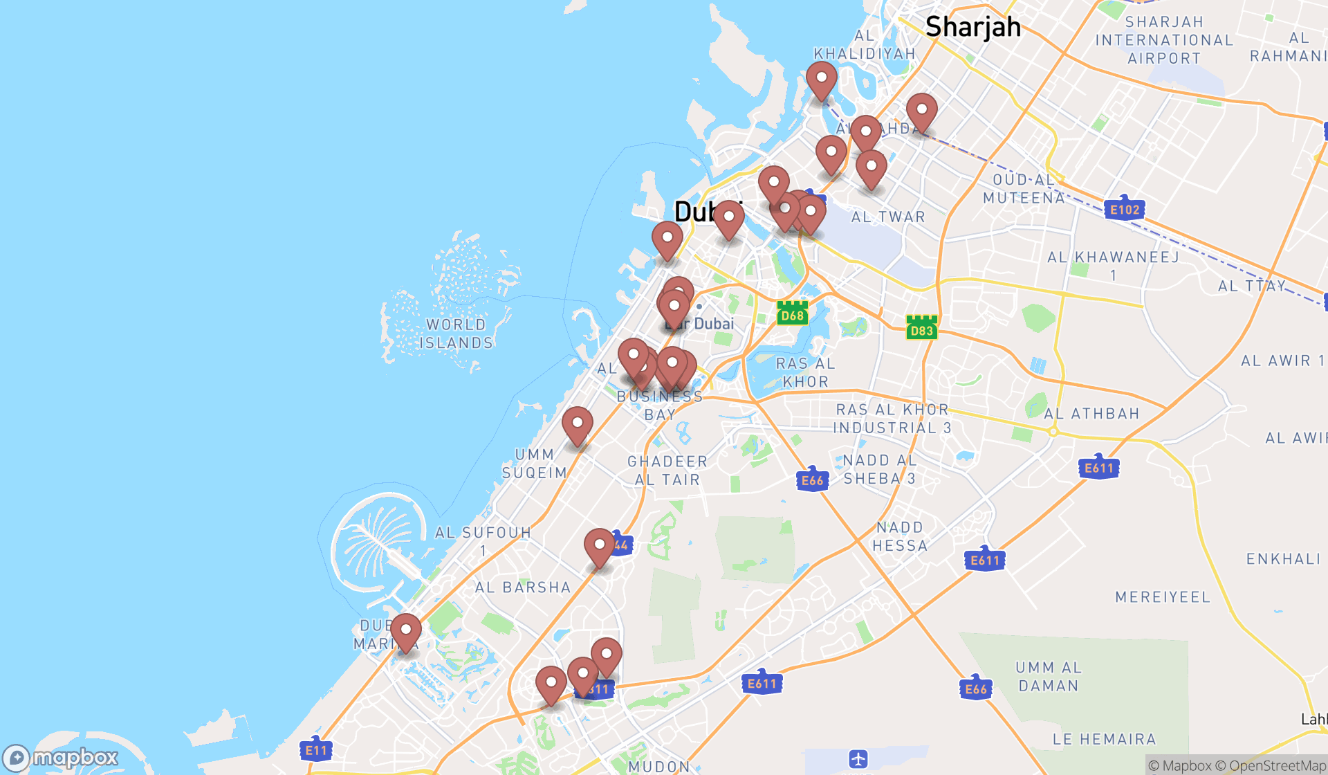 Map showing the search results in Dubai