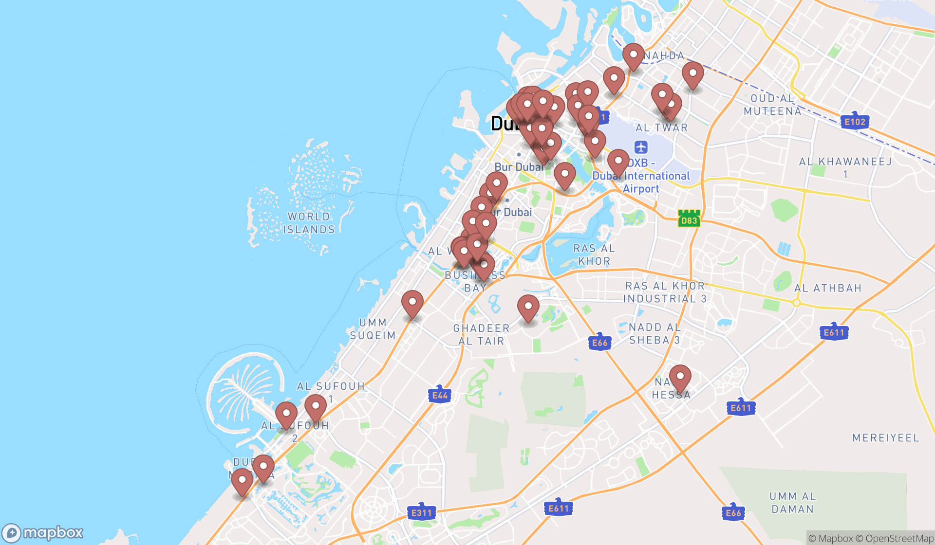 Map showing the search results in Dubai