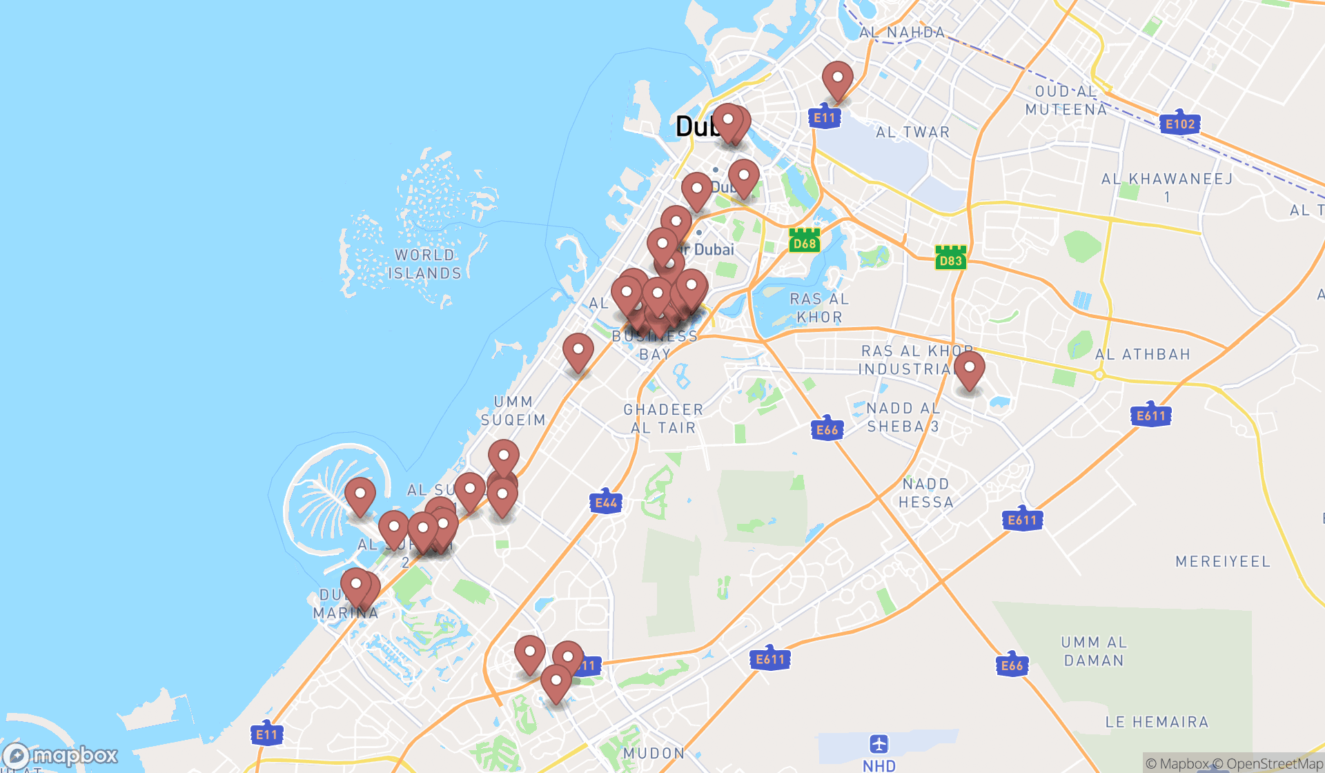 Map showing the search results in Dubai