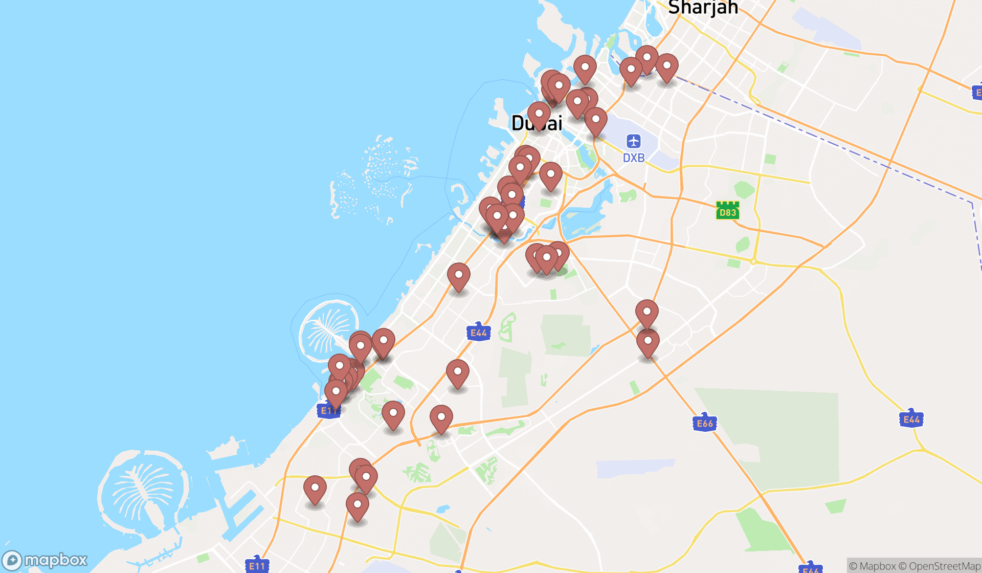 Map showing the search results in Dubai