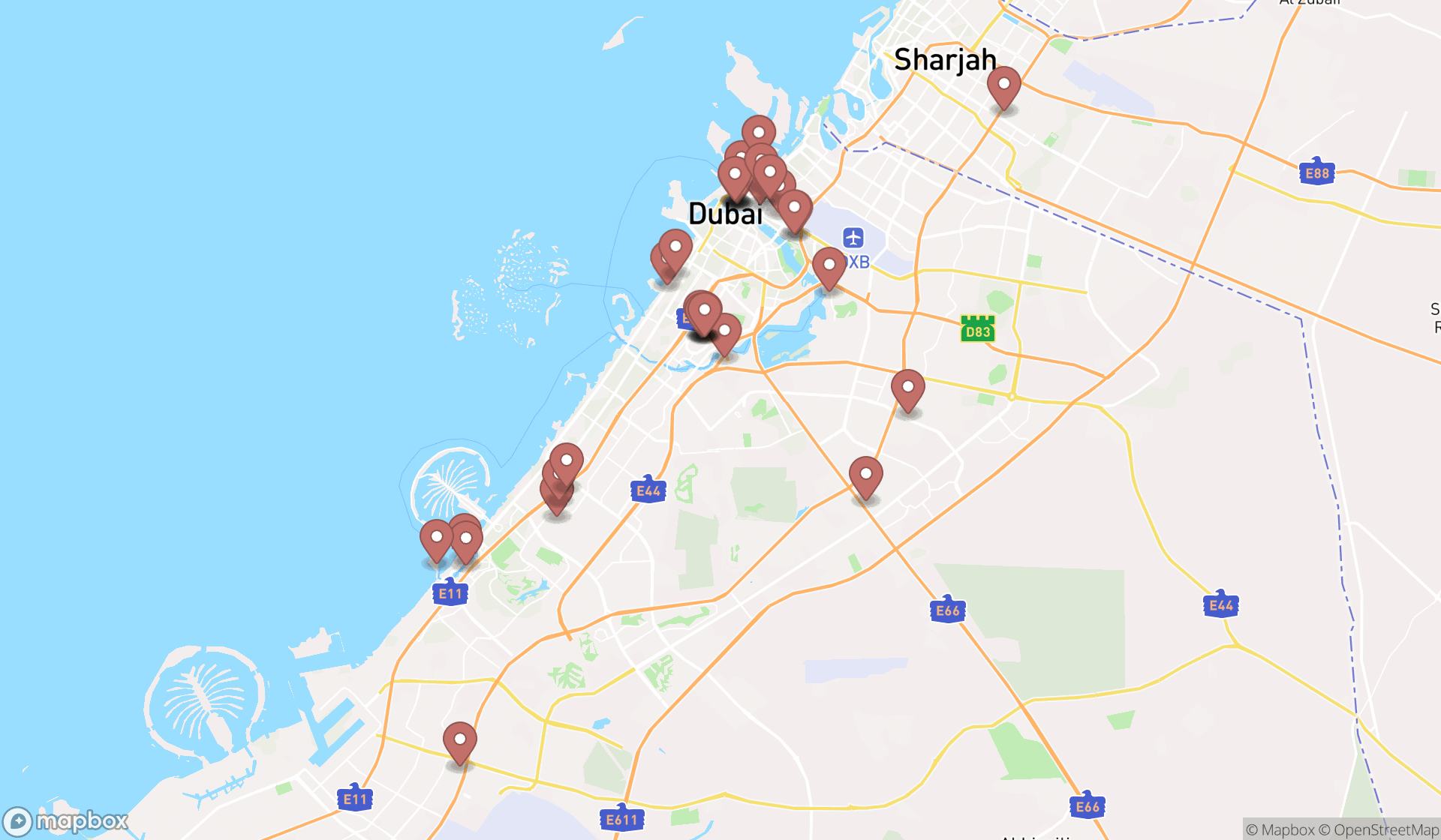 Map showing the search results in Dubai