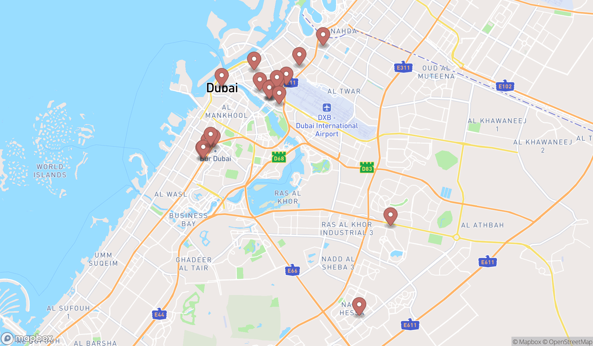 Map showing the search results in Dubai
