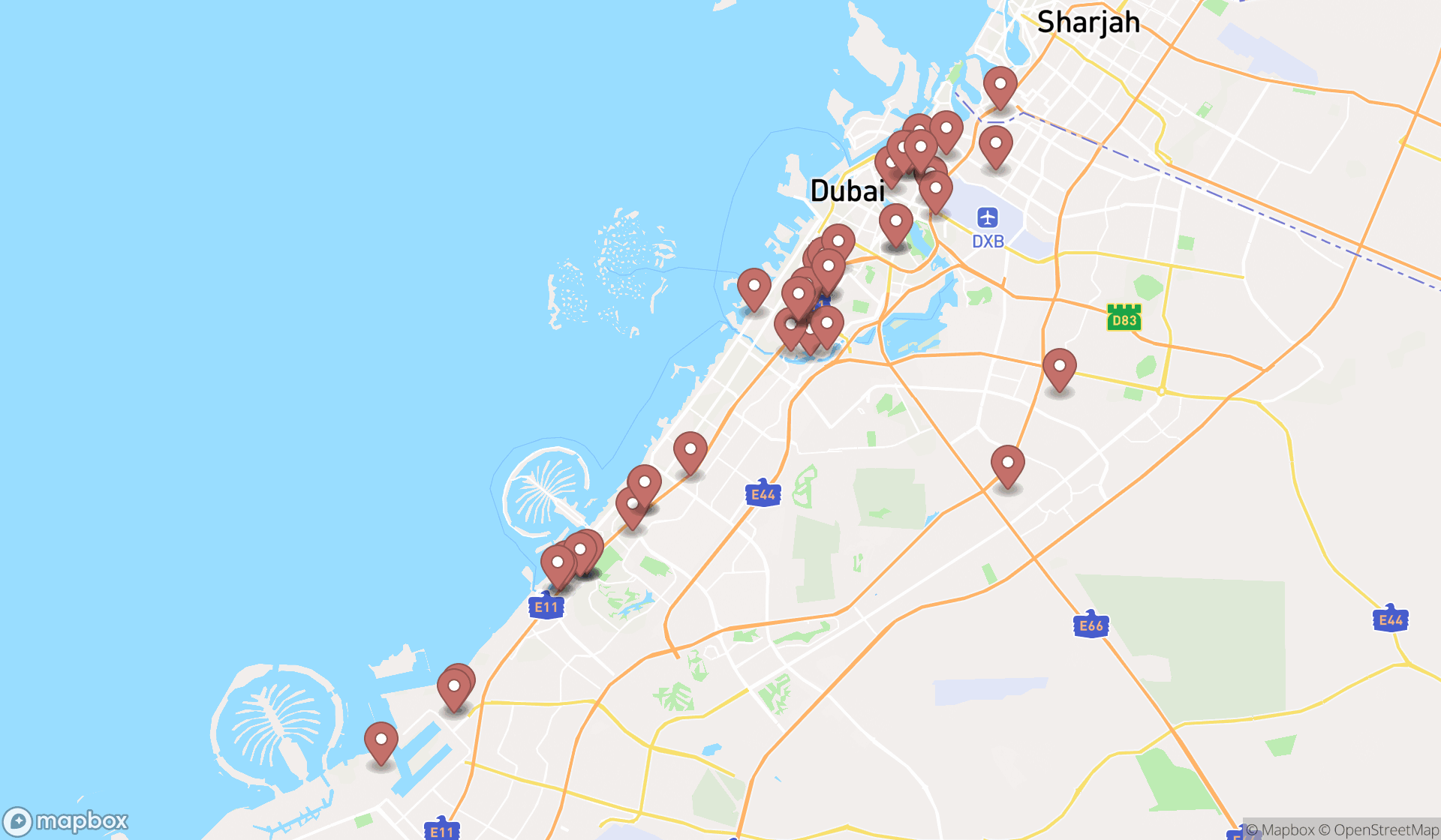 Map showing the search results in Dubai