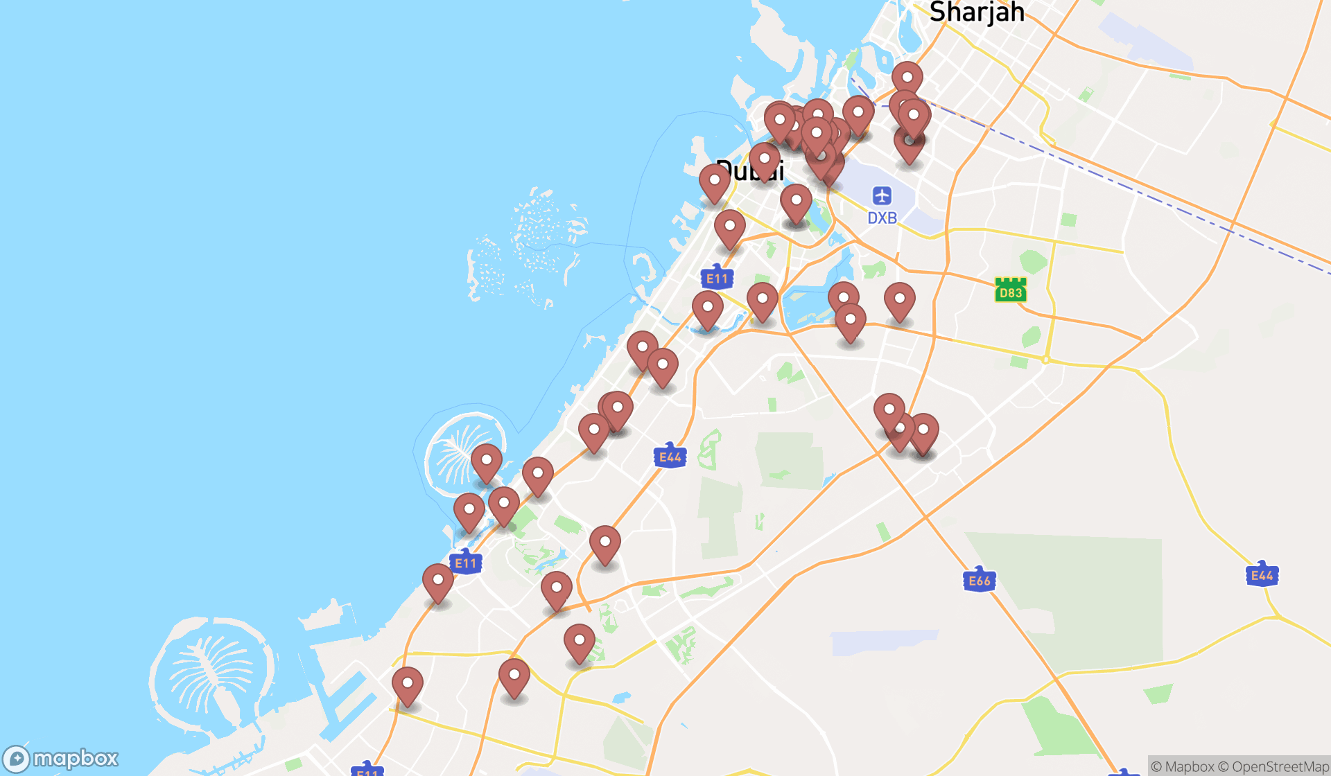 Map showing the search results in Dubai