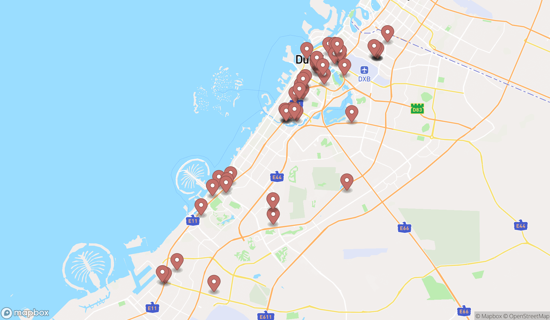 Map showing the search results in Dubai