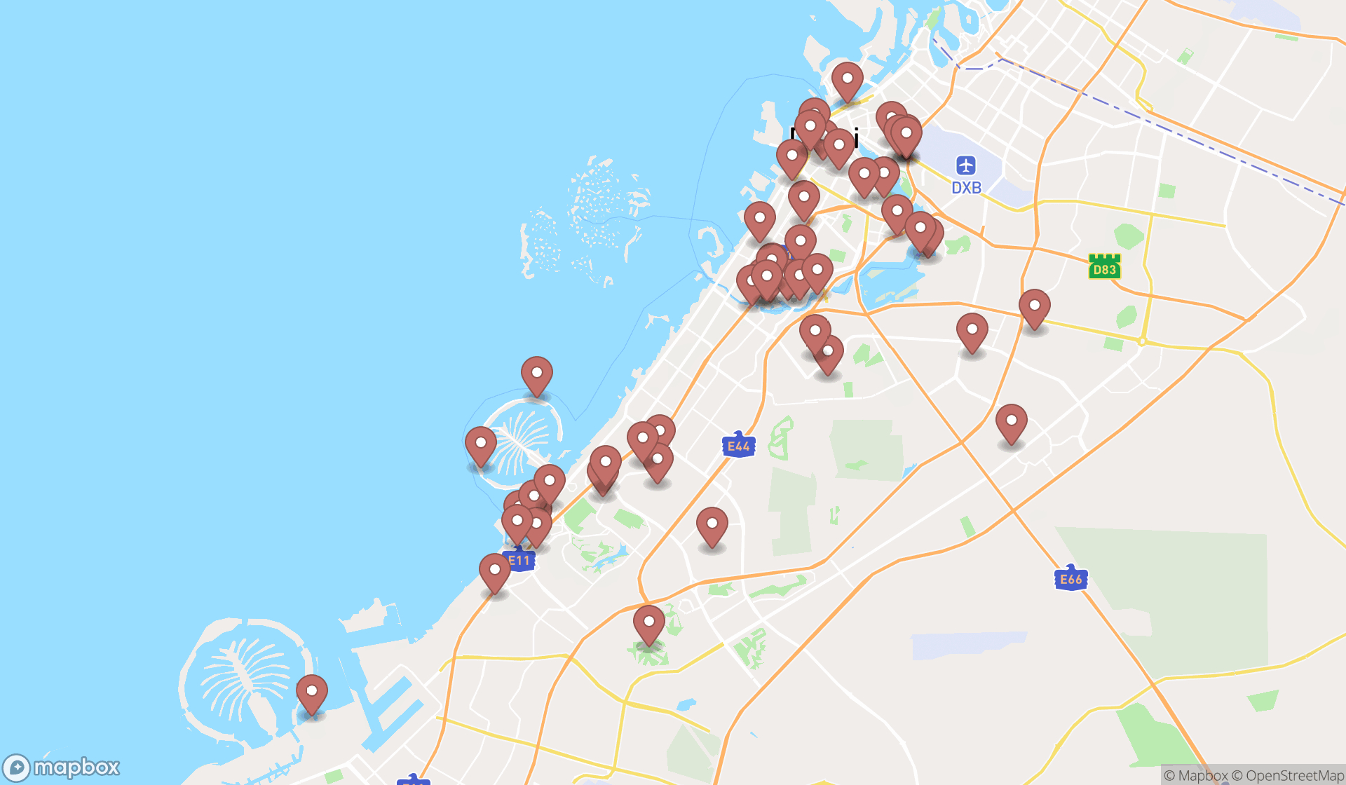 Map showing the search results in Dubai
