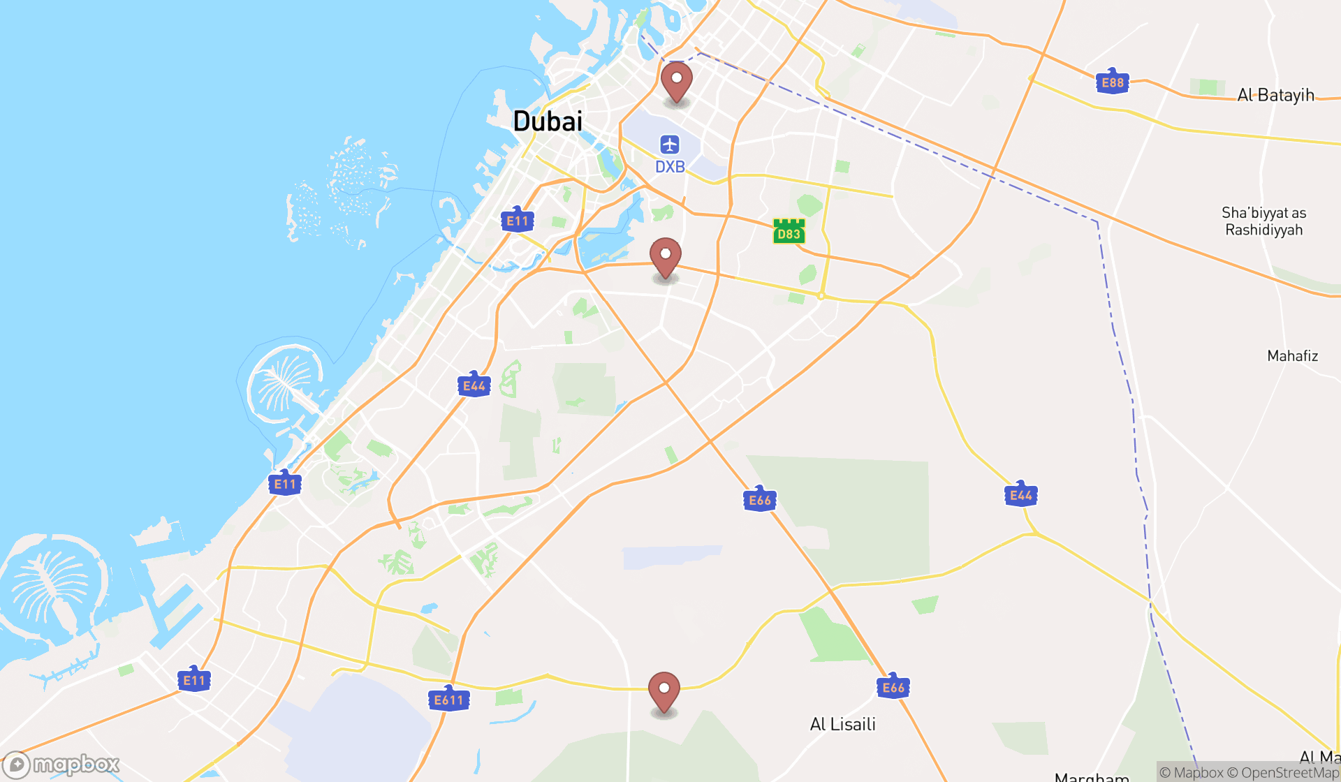 Map showing the search results in Dubai