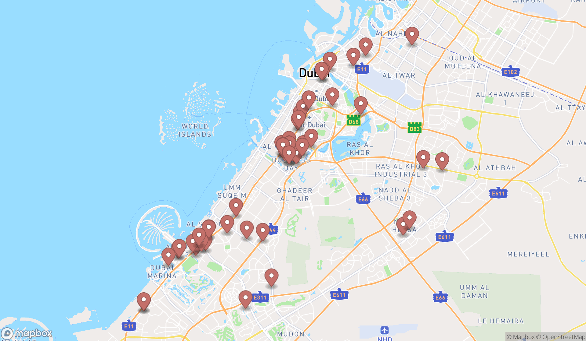 Map showing the search results in Dubai