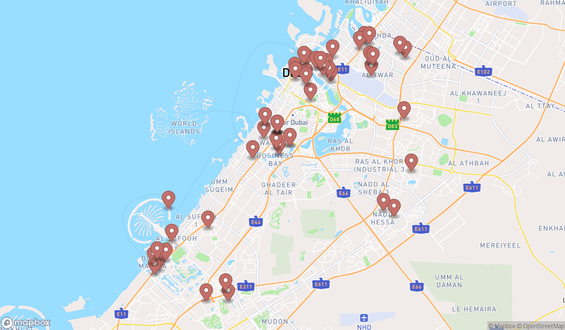 Map showing the search results in Dubai