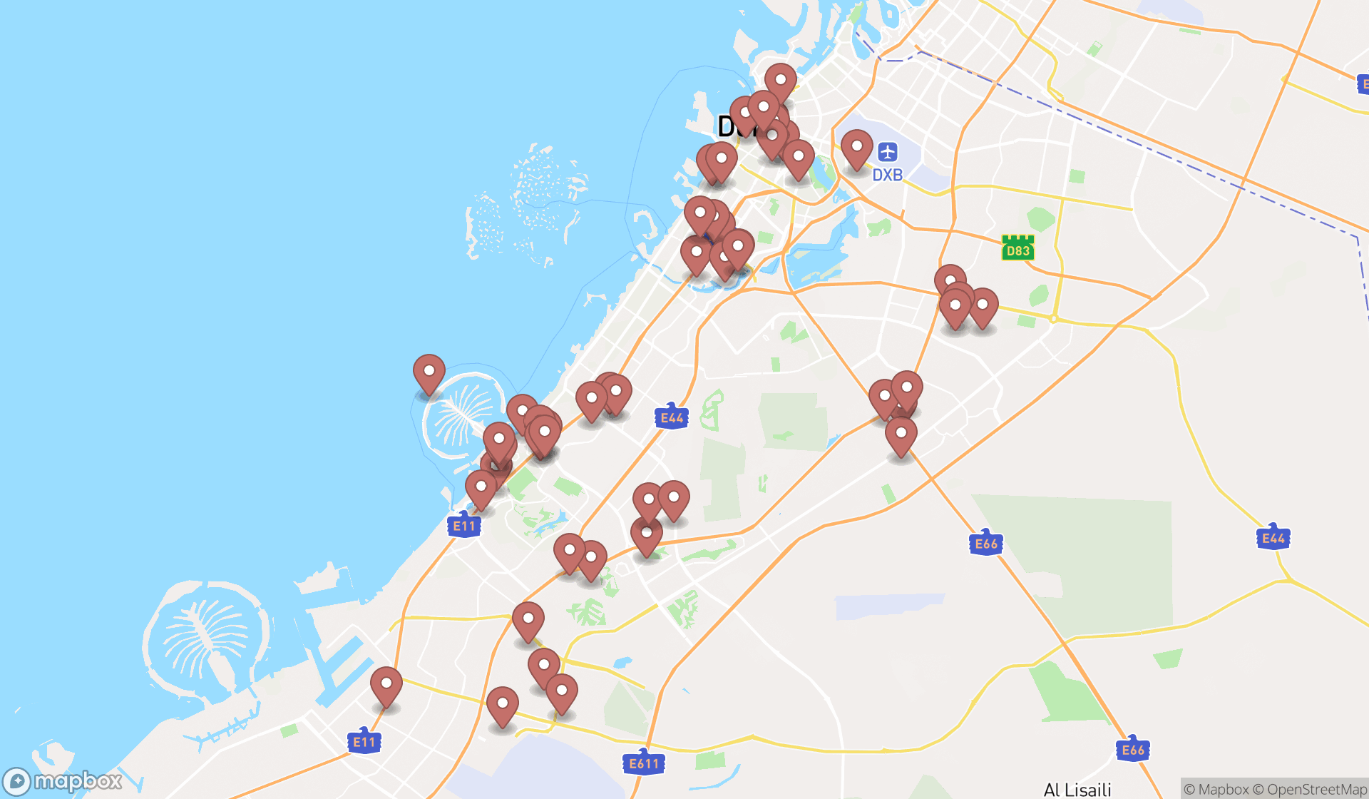 Map showing the search results in Dubai