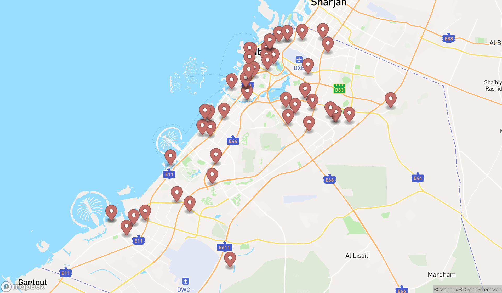Map showing the search results in Dubai
