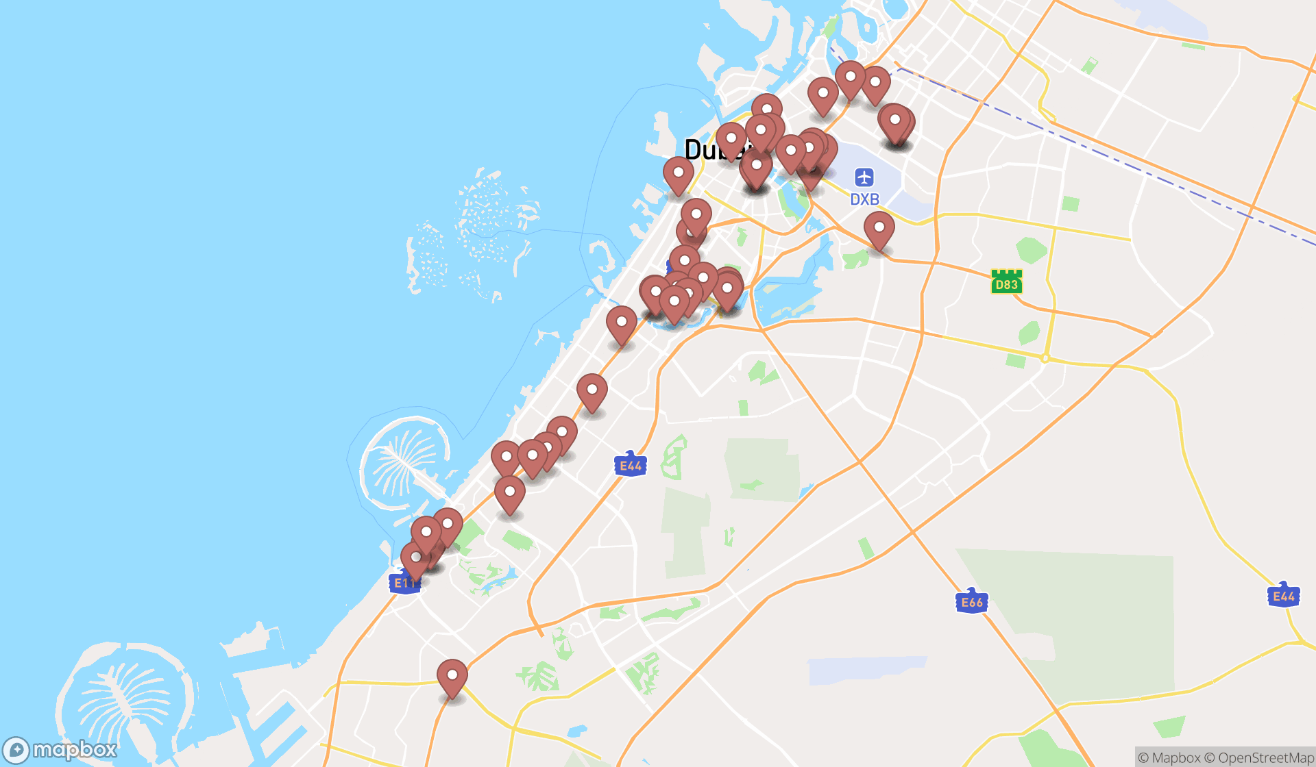 Map showing the search results in Dubai