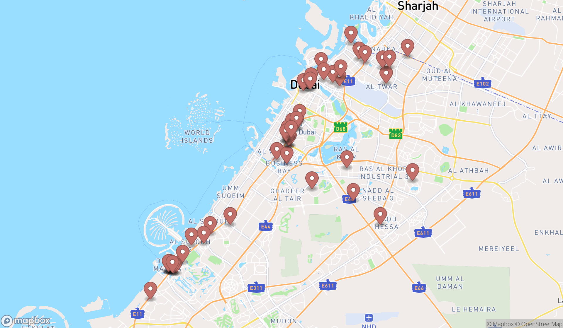 Map showing the search results in Dubai