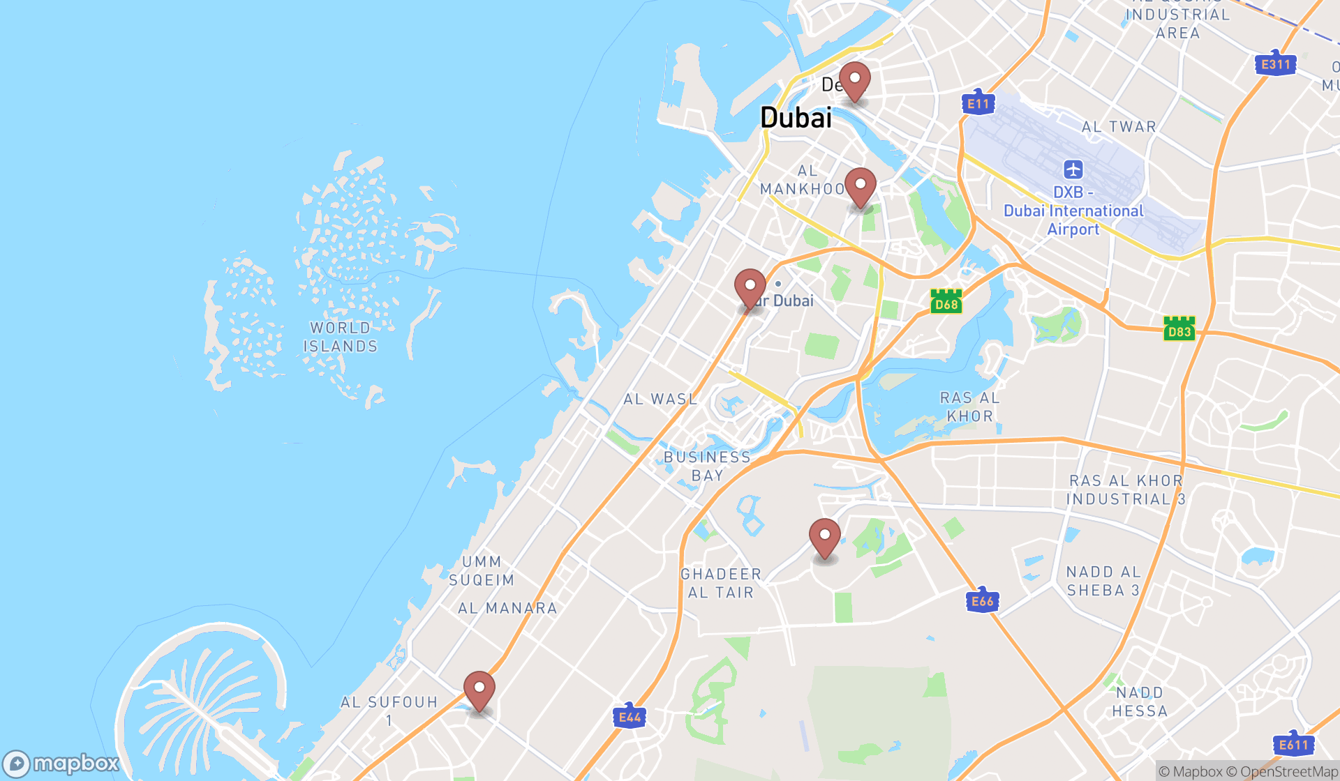 Map showing the search results in Dubai