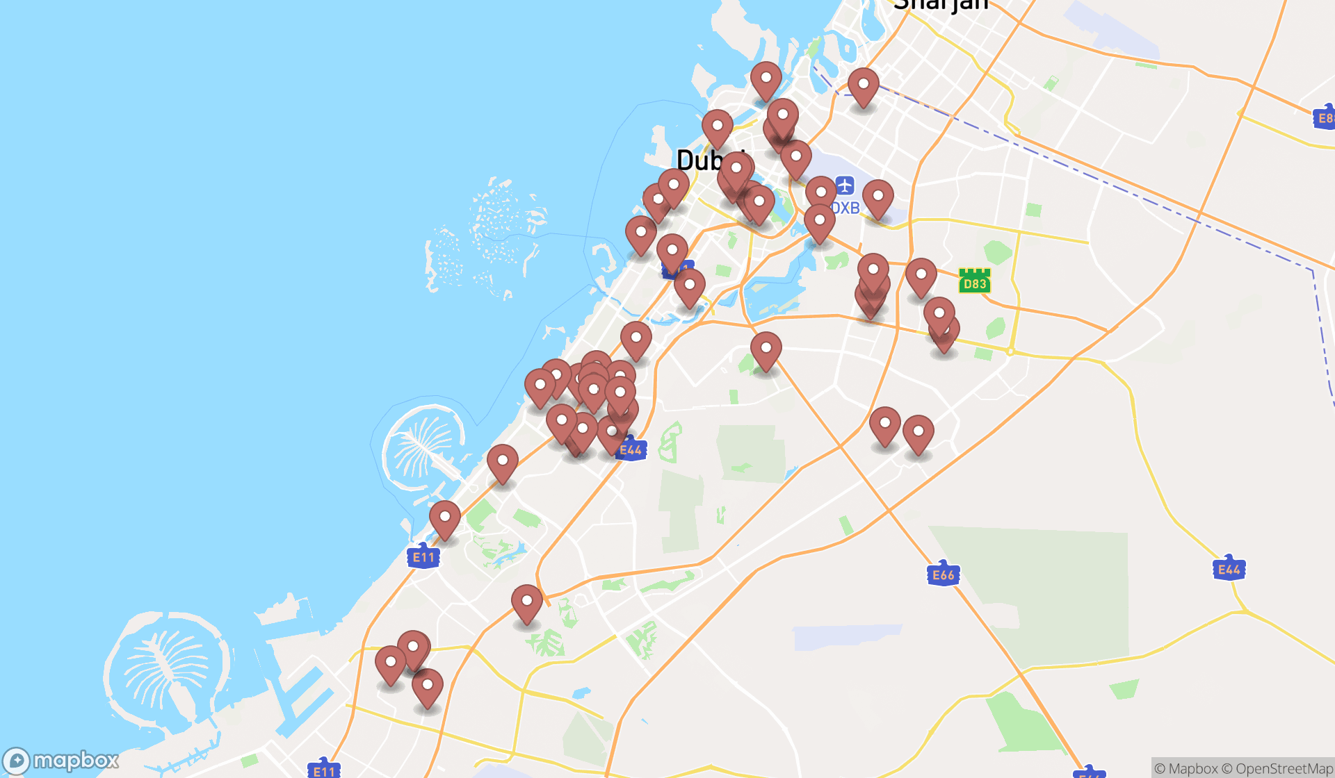 Map showing the search results in Dubai
