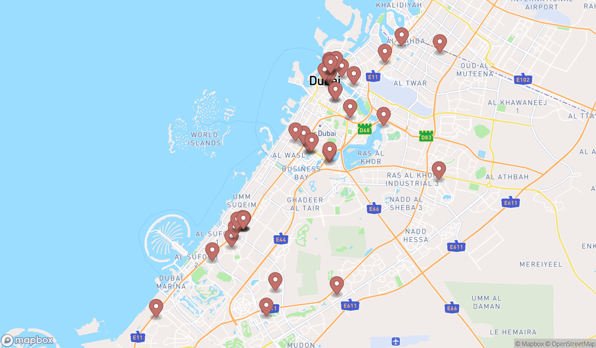 Map showing the search results in Dubai