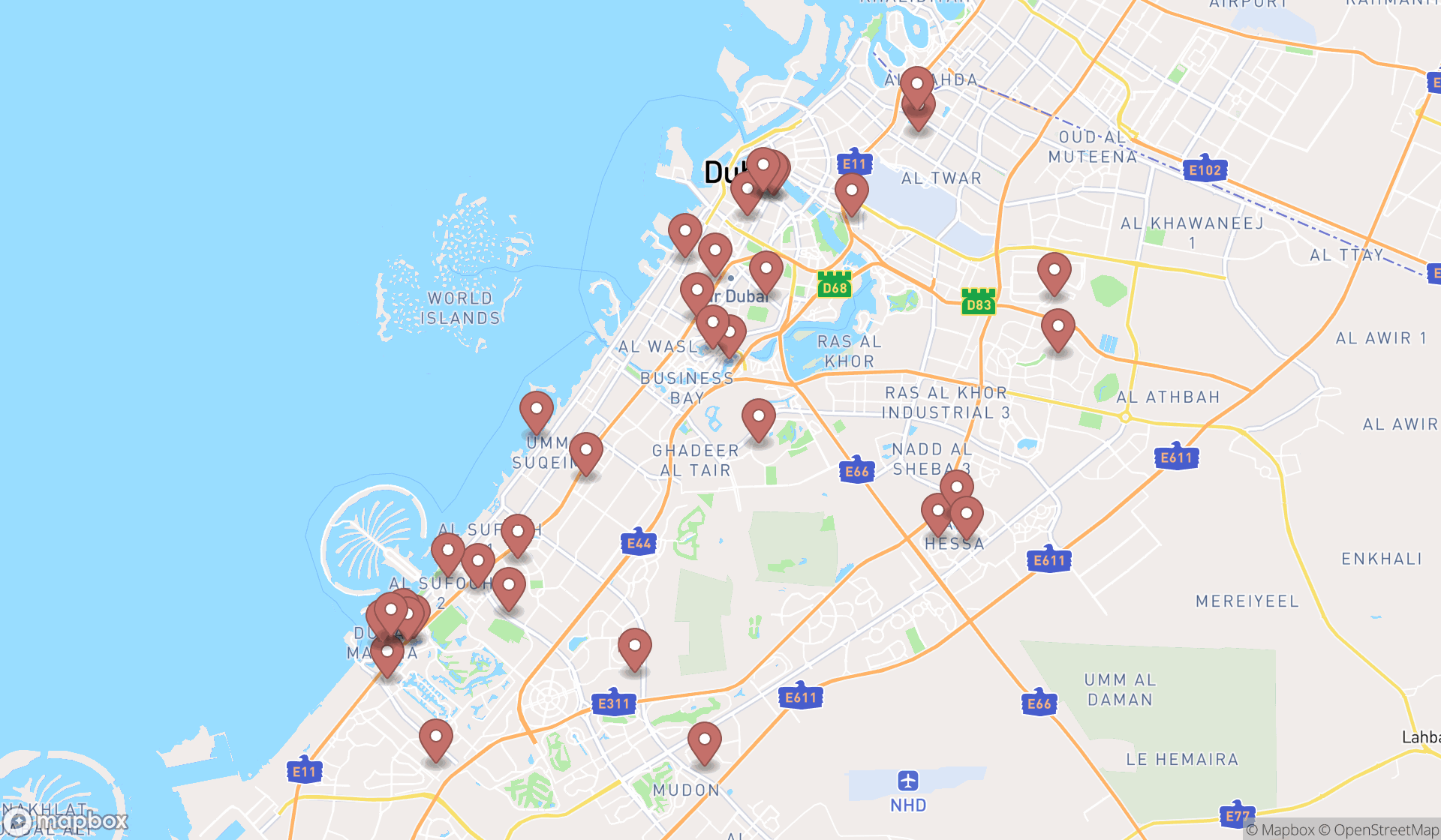 Map showing the search results in Dubai
