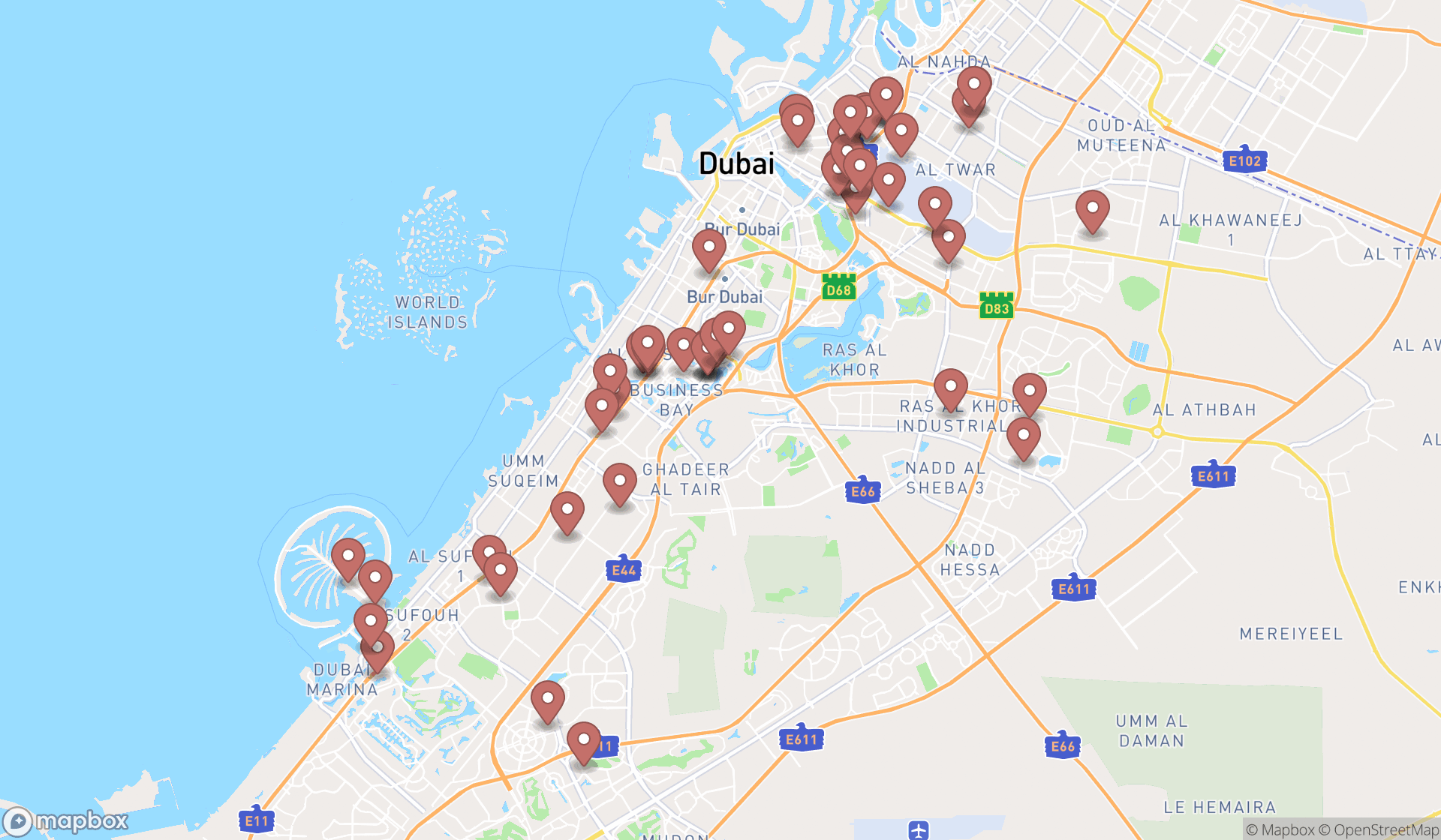Map showing the search results in Dubai