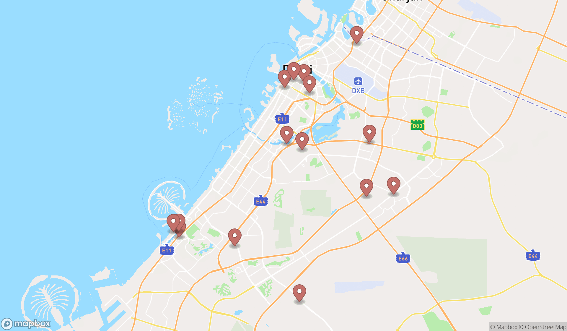 Map showing the search results in Dubai