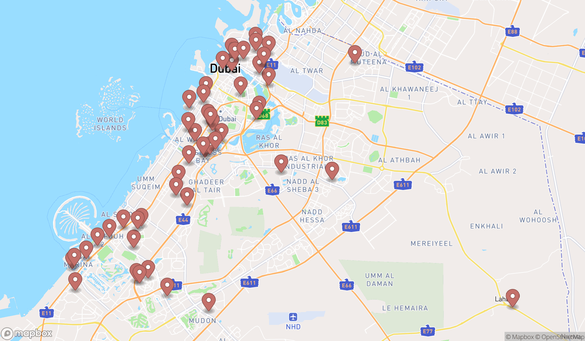 Map showing the search results in Dubai