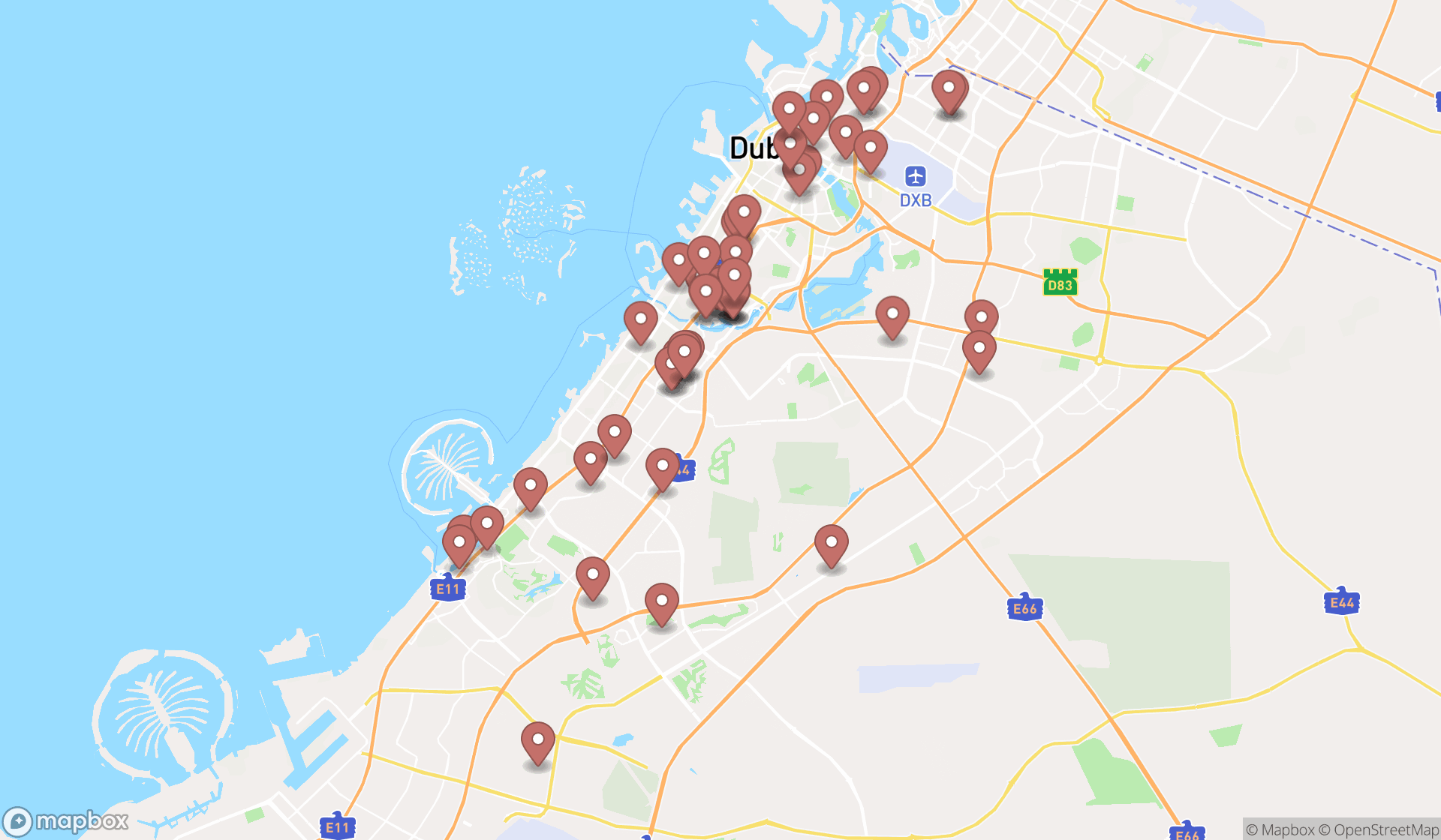 Map showing the search results in Dubai