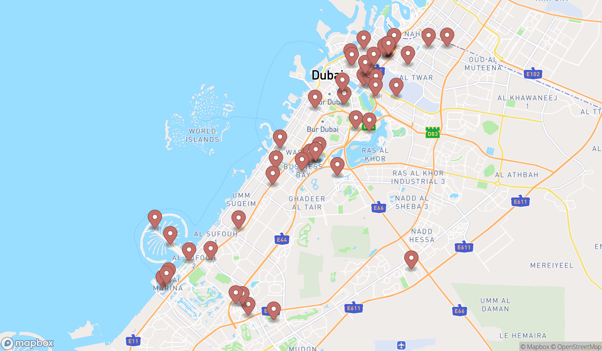 Map showing the search results in Dubai