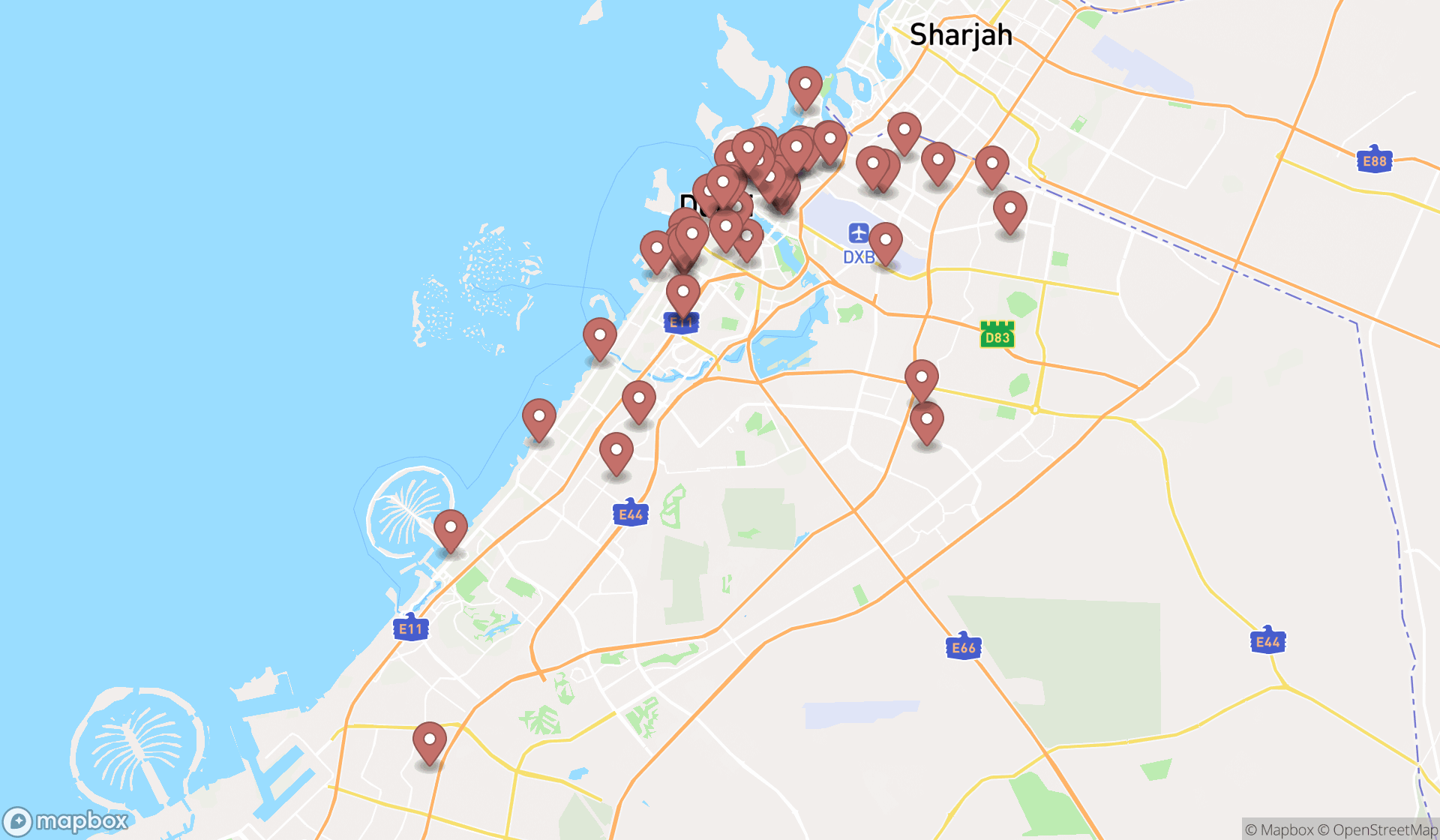 Map showing the search results in Dubai
