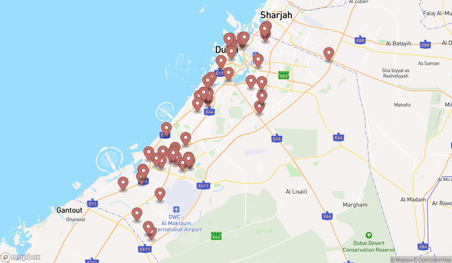 Map showing the search results in Dubai