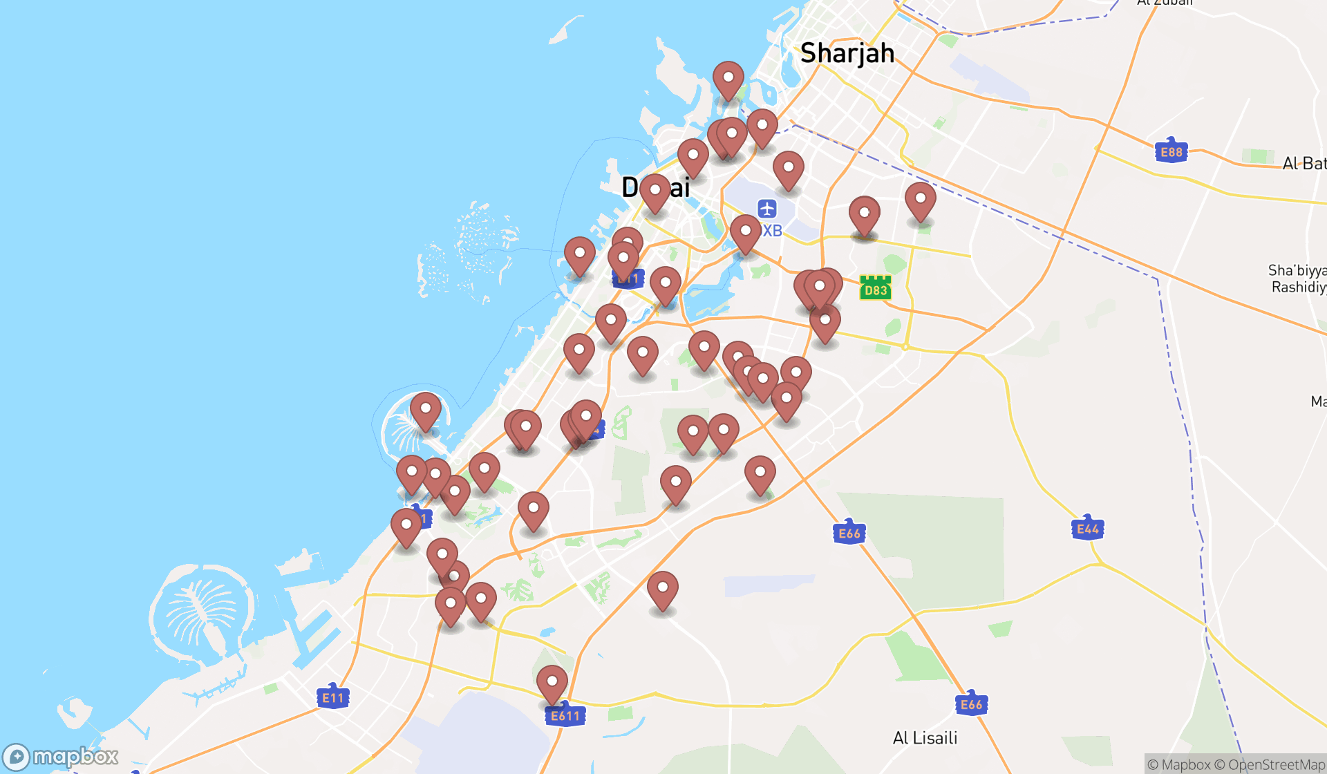 Map showing the search results in Dubai