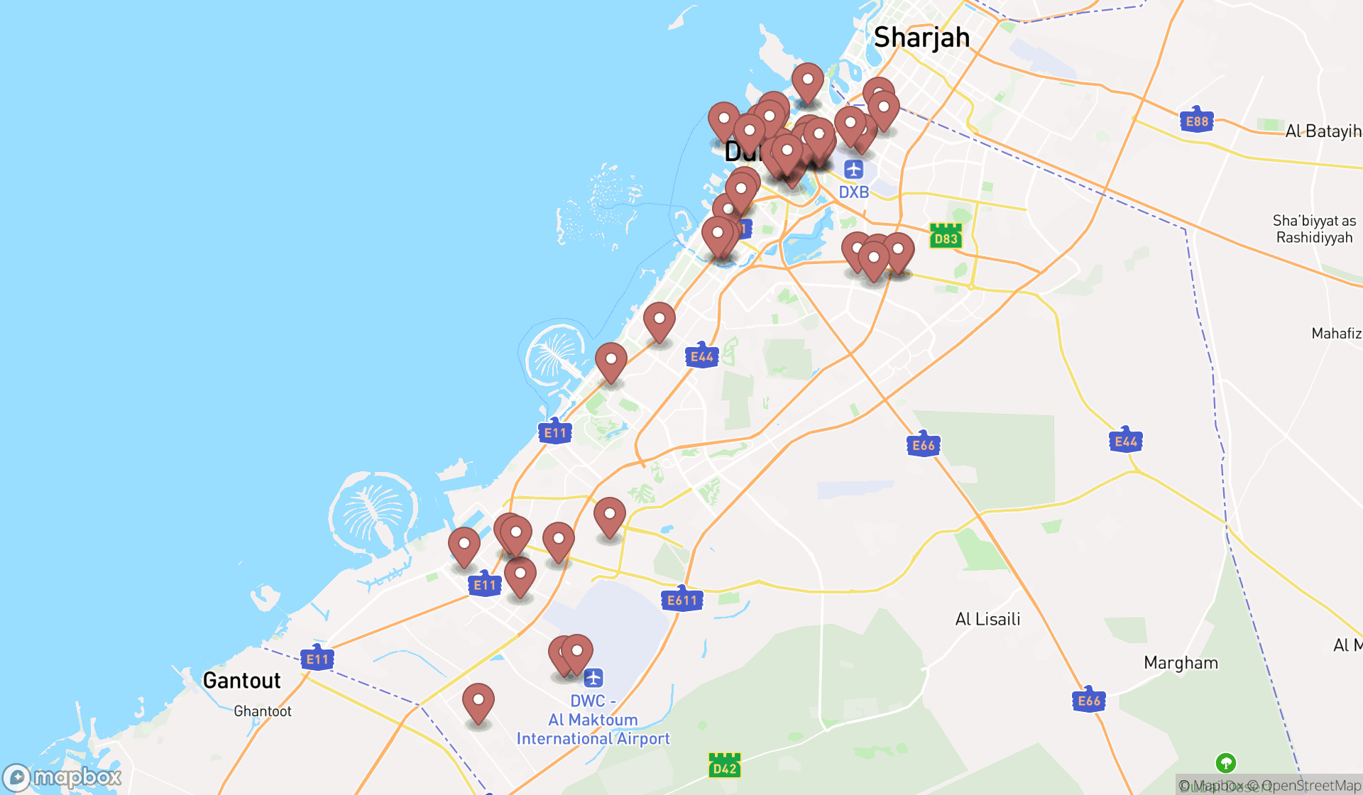 Map showing the search results in Dubai