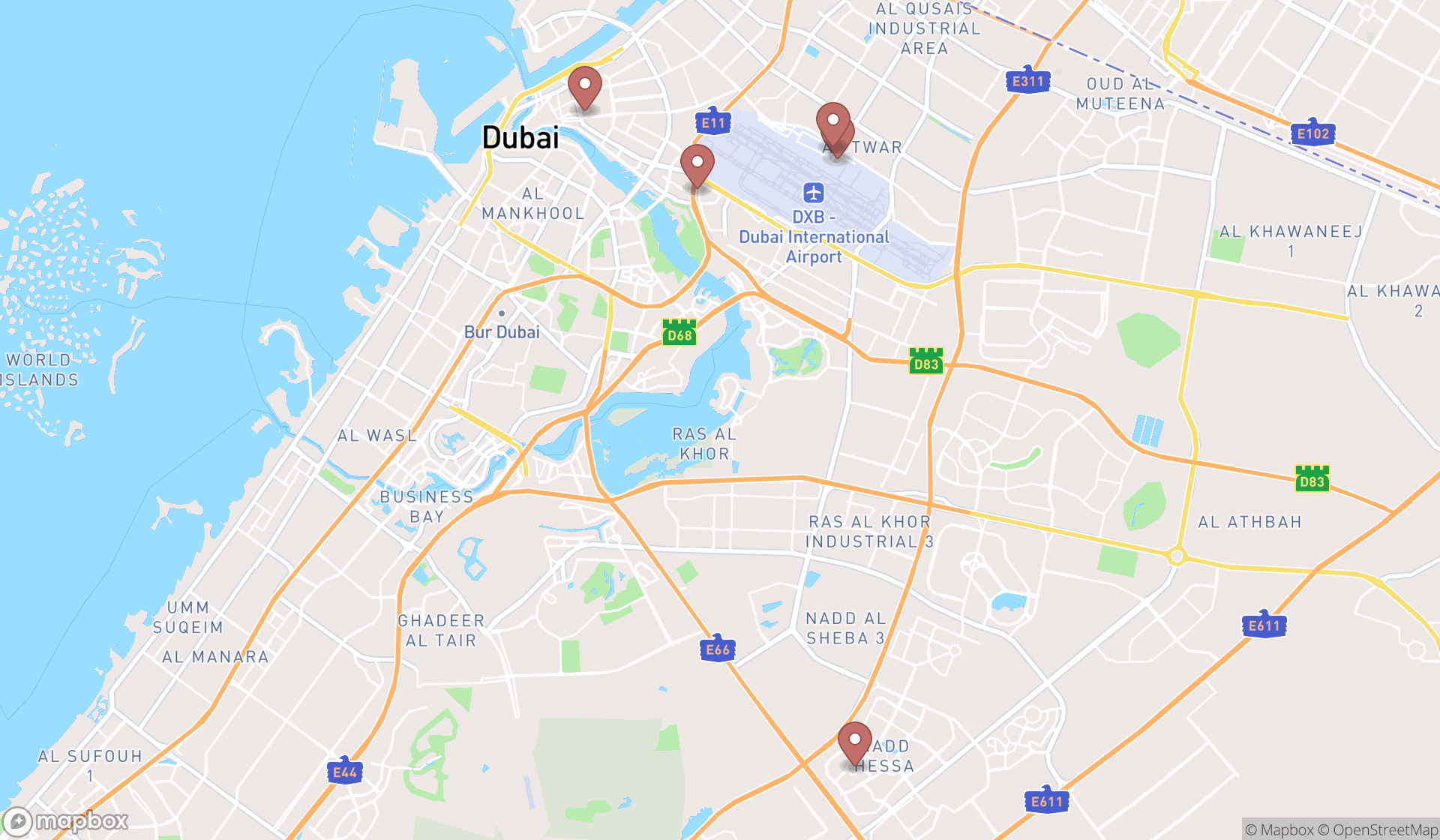 Map showing the search results in Dubai