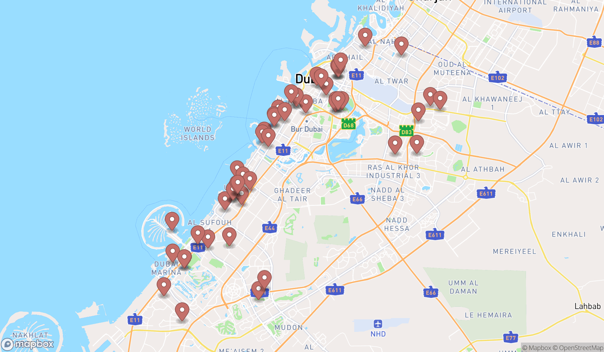 Map showing the search results in Dubai
