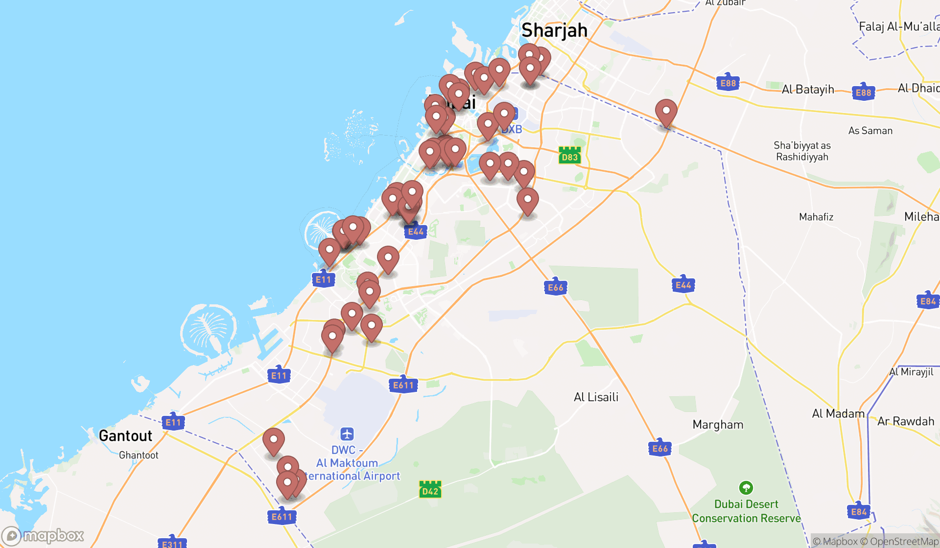 Map showing the search results in Dubai