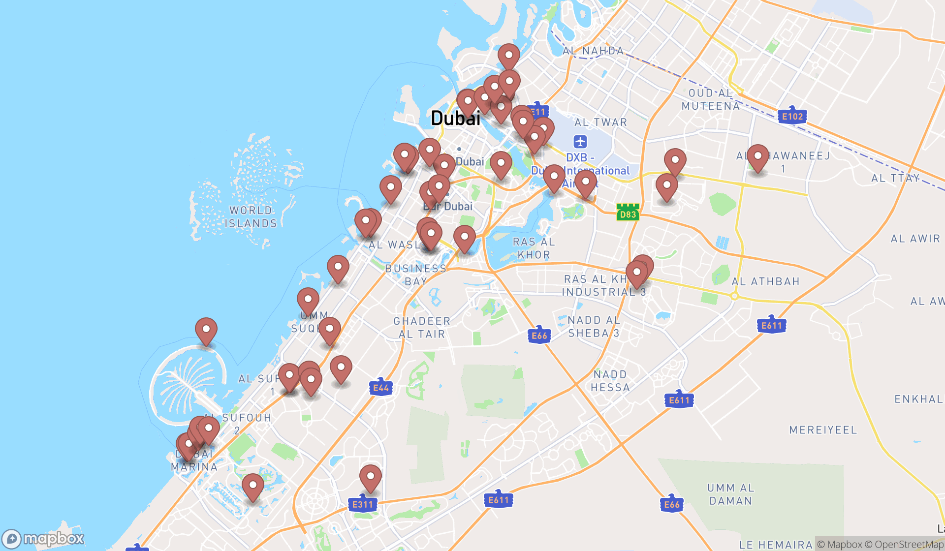 Map showing the search results in Dubai