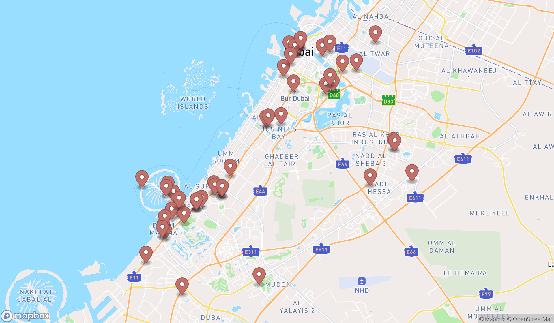 Map showing the search results in Dubai