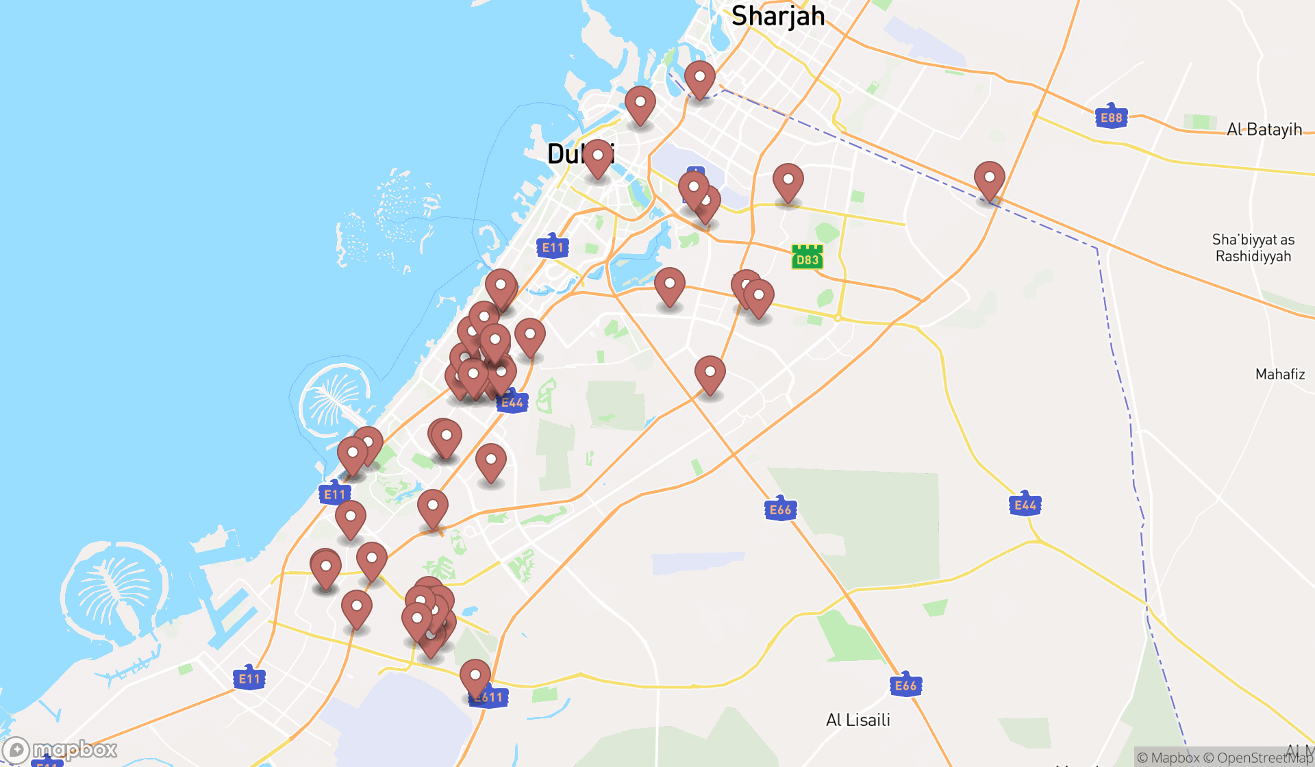 Map showing the search results in Dubai