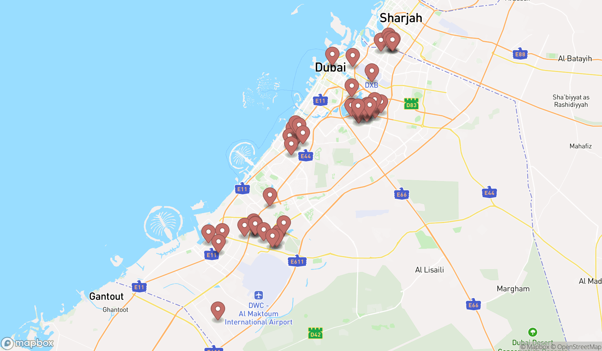 Map showing the search results in Dubai